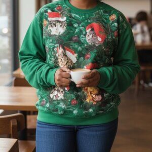 893 MENS GREEN XXL LIGHT UP CATS & DOGS CHRISTMAS SWEATSHIRT BY FREEZE